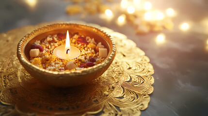 happy bhai dooj celebration card with candle and food in golden mandala