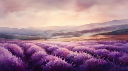 Delicate watercolor painting of a serene lavender field with rolling hills in the distance, soft morning light casting a gentle glow, and a light mist hanging low above the blooms