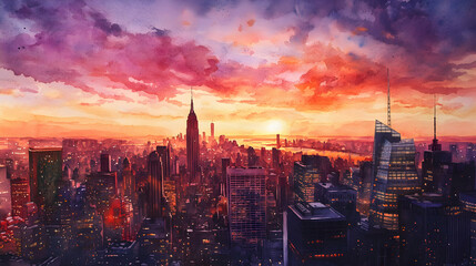 Obraz premium Vibrant watercolor depiction of a bustling cityscape at sunset, with skyscrapers reflecting warm hues, bustling streets below, and a dramatic sky blending orange, pink, and purple shades