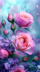   A pink rose bouquet on a blue background with pink and purple flowers in the foreground