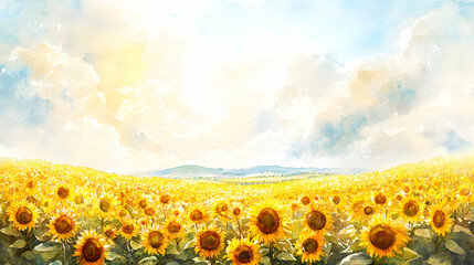 Dreamy watercolor painting of a field of sunflowers stretching towards a bright, cloudy sky, with rich yellows and greens blending seamlessly to capture the sun-drenched warmth