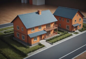A charming and visually appealing model of a beautiful yellow family house featuring a blue roof