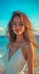 Naklejka premium A beautiful woman, wearing a white dress, light makeup and lipstick, with a blue sky in the background of a beach