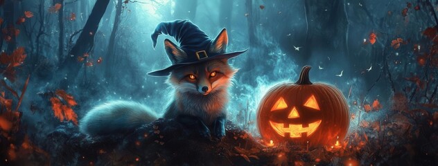 A whimsical fox in a witch hat beside a glowing jack-o'-lantern, set in a mystical forest during Halloween night.