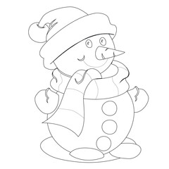A Christmas picture in a vector. A snowman with a carrot for a nose. Children's coloring book for the development of creativity.