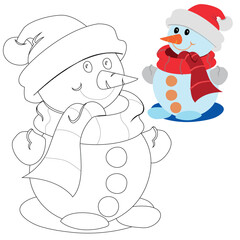 A Christmas picture in a vector. A snowman with a carrot for a nose. Children's coloring book for the development of creativity.