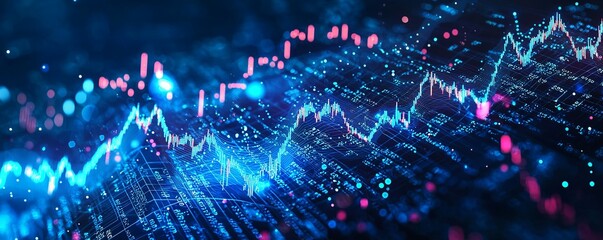 Abstract background with digital data and stock market charts on blue glowing lights, AI technology concept.