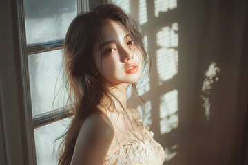 Asian beauty, long hair, skin tone in beige tones, wearing a light-colored, tight dress, full-body photo