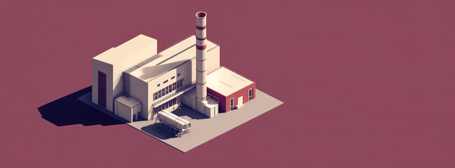 Fototapeta premium Isometric 3d icon of Architecture of manufactures house on flat color background with Copy space, creative banner template for industrial working plants with chimney tower or pipes