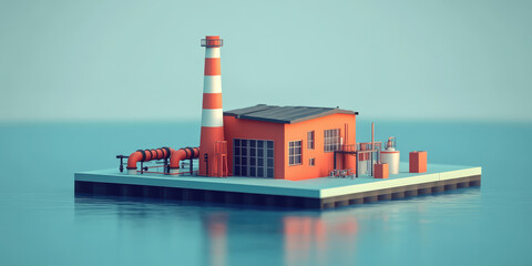 Obraz premium Isometric 3d icon of Architecture of manufactures house on flat color background with Copy space, creative banner template for industrial working plants with chimney tower or pipes