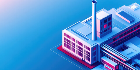 Fototapeta premium Isometric 3d icon of Architecture of manufactures house on flat color background with Copy space, creative banner template for industrial working plants with chimney tower or pipes