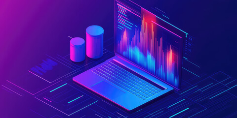 Isometric 3d icon of business graph and analytics data on laptop on flat color background with Copy space, creative banner template for financial strategy, Online statistics 