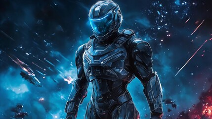Fototapeta premium A futuristic soldier in a dark blue power armor stands against a backdrop of a space battle, ready for action.