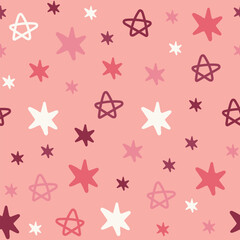 Seamless cute vector pattern with hand drawn pink and burgundy stars on pink background