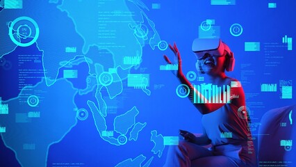 Siting on sofa woman wearing VR selecting analyzed metaverse financial business graph dynamic report innovation upload global interface digital infographic network technology visual. Hallucination.