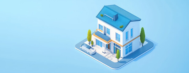 Isometric 3d icon of real estate house building on flat color background with Copy space, creative banner template for of a new building, apartment complex or hotel. 