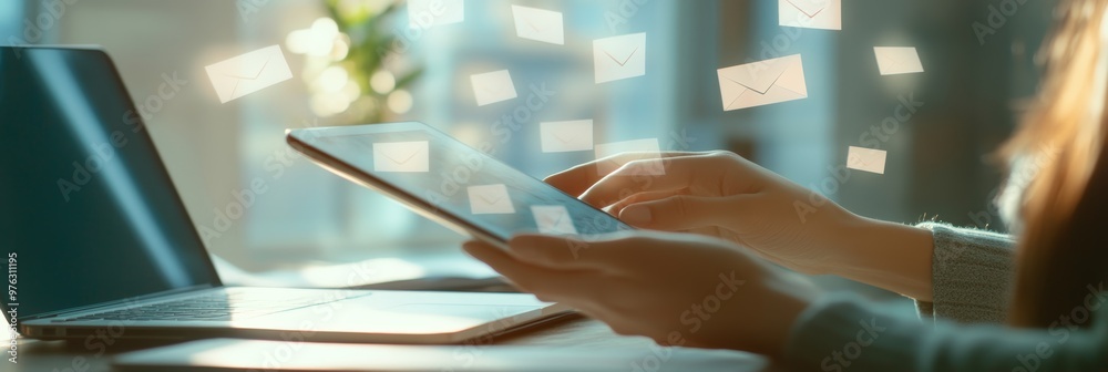 Poster woman checking social media notifications on a tablet, surrounded by floating email icons in a warm 
