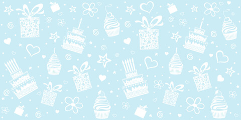 Happy birthday. Seamless wrapping paper. Menu design. Template for a baking shop, cafe. Seamless pattern with cupcakes. Delicious birthday party cupcakes with fruits whipped cream. Vector Illustration