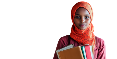 A beautiful black young student in a muslim hijab holds books in her hands on a white isolated background with a place to copy