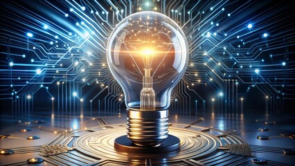 A glowing light bulb symbolizes innovation and technology with a futuristic circuit background, representing ideas and creativity.