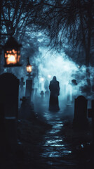 Mysterious Figure Walking in Foggy Cemetery at Night with Lanterns