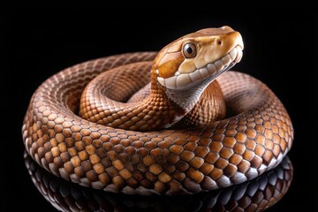 Fototapeta premium Close-up of a beautiful brown snake coiled against a dark background, showcasing intricate scale patterns and an alert expression.