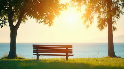 Fototapeta premium Wood bench by the sea with copy space
