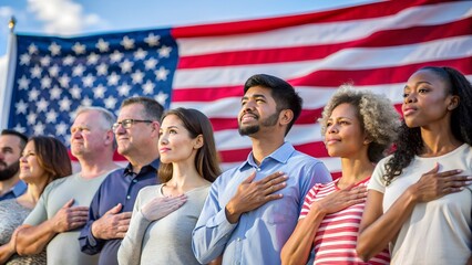 Diverse group of people with hands over hearts in front of American flag, showing patriotism