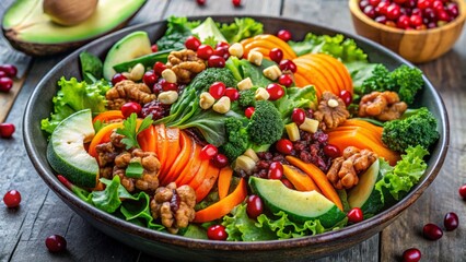 Vibrant salad featuring fresh greens, nuts, and colorful fruits, ideal for healthy eating and nutritious meal inspiration.