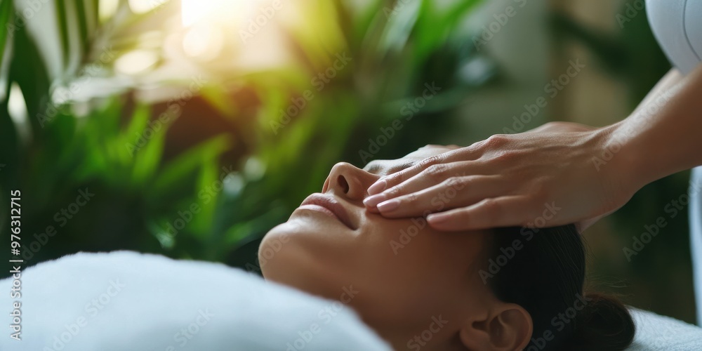 Wall mural A person lying down in a serene spa setting receiving a relaxing touch to the face, surrounded by lush green foliage with gentle sunlight filtering through.