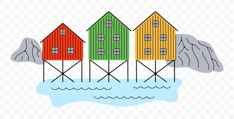 Norwegian fishing village on stilts, graphic design. Houses on stilts, rocks, sea and nature, vector design and illustration