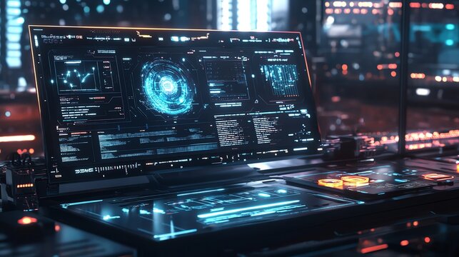 A futuristic computer screen displays data and code with a blue and orange glow.