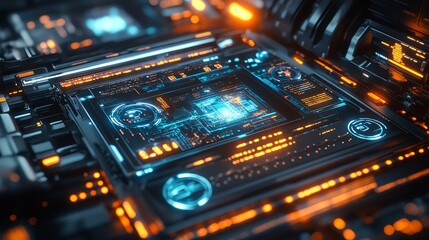 Obraz premium Futuristic digital interface with glowing blue and orange lights.