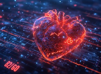 High-tech digital heart with data visualization, showcasing AI integration and futuristic technology in healthcare