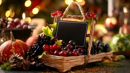 Festive Autumn Basket with Grapes Pumpkins and Pine Cones