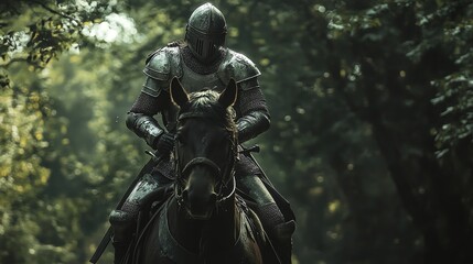 Fototapeta premium A knight in full armor rides a black horse through a dark forest.