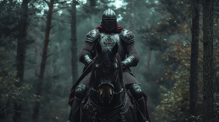 Fototapeta premium A knight in full armor rides a black horse through a dark forest.