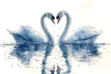 Fototapeta premium Watercolor illustration of two swans forming a heart shape on water