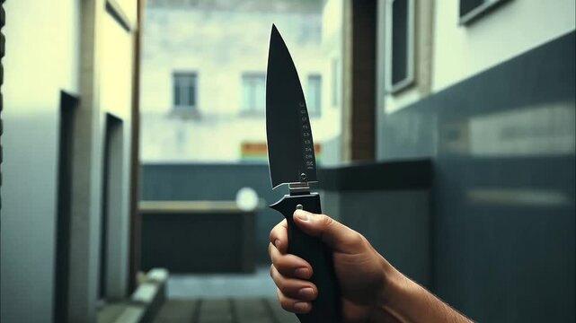 Hand holding a large knife outdoors, focused on the blade, urban background
