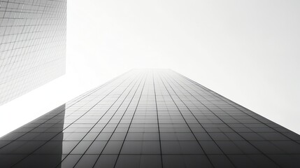 A low angle view of a tall building reaching towards a bright, white sky.