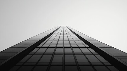 Low angle view of a modern skyscraper in black and white.