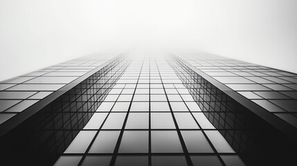 A low angle black and white shot of a skyscraper disappearing into the clouds.