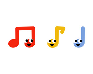Set of colorful happy musical note cartoon character. Education, leisure, entertainment, learning concept. Flat decorative vector design illustration isolated on background.