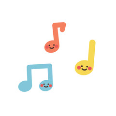 Cute colorful happy musical note cartoon character. Education, leisure, entertainment, learning concept. Flat decorative vector design illustration isolated on background.