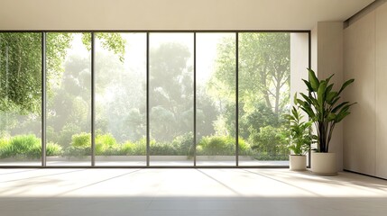 Modern living room with large windows overlooking a lush garden.