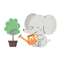 Cute elephant watering a tree with a watering can. Tree planting, environmental care, green planet concept. Flat vector childish illustration isolated on white background.