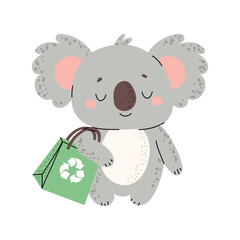 Adorable koala holding an eco bag with a recycling symbol. Promoting sustainability, zero waste, and eco-conscious lifestyle. Flat vector childish illustration isolated on white background.