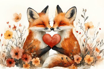 Obraz premium Two playful foxes in love holding a heart surrounded by flowers