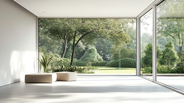 Fototapeta Modern living room with large windows overlooking a lush green garden.