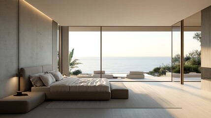 Fototapeta premium Modern bedroom with large windows overlooking the ocean.